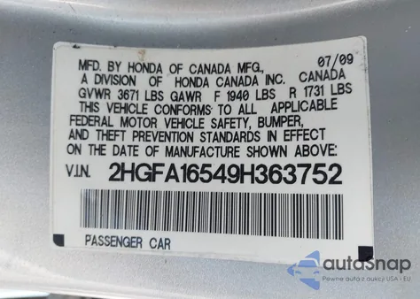 2009 Honda Civic Lx from USA, damaged, VIN 2HGFA16549H363752